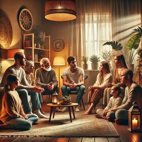 A group of people of different ages is sitting in a cozy, warmly lit living room. Engaged in conversation and surrounded by plants and soft lighting, they are cultivating respect in the family, as candles on a low table add to the relaxed atmosphere.