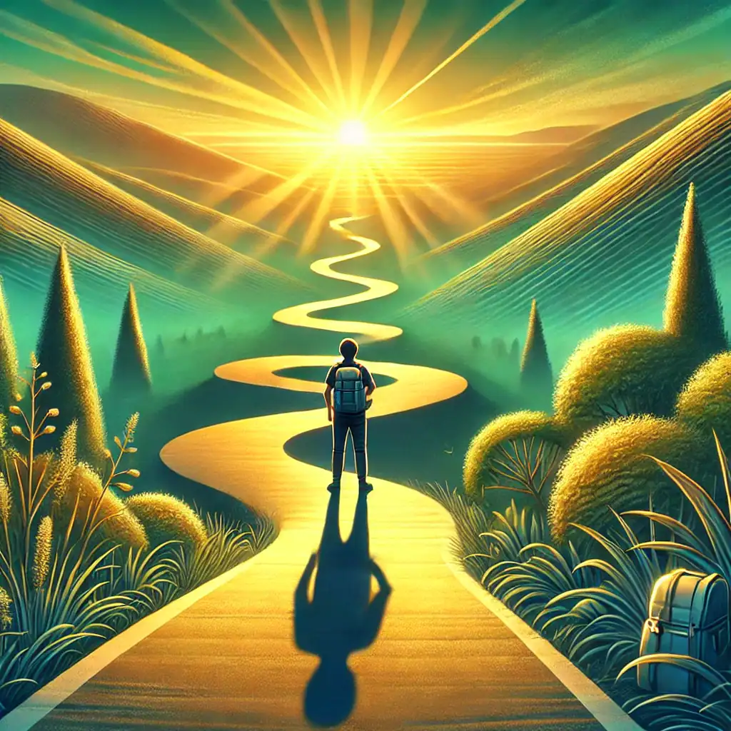 Why I’m Starting This Journey (And What I Hope to Share) 1 A person stands on a winding path leading towards a bright, radiant sun on the horizon, pondering why they’re starting this journey. The landscape is lush and green, with stylized trees and hills. A backpack rests beside the path, symbolizing new beginnings. The scene is vibrant and surreal.