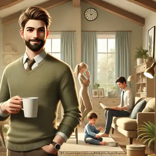 A cozy living room showcases signs of maturity; a bearded man holds a mug in the foreground. In the background, a woman with a baby stands by the window, while another man reads on the sofa. A child plays on the floor, and natural light brightens the setting.