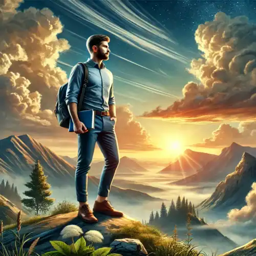 A man stands confidently on a mountain peak, signs of maturity evident as he holds a book and wears a backpack. The scenic background features clouds, a vibrant sunset, and majestic mountains. Lush greenery and wildflowers add detail to the foreground.