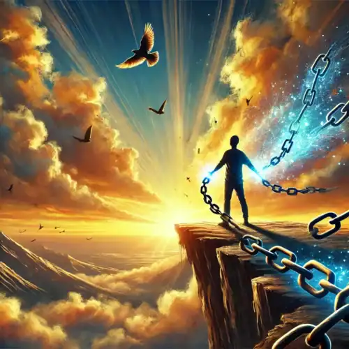 A silhouetted figure stands on a cliff's edge at sunrise, breaking chains that transform into blue energy. Birds fly around, and clouds fill the sky, symbolizing freedom and thriving beyond fear as transcendence takes flight.